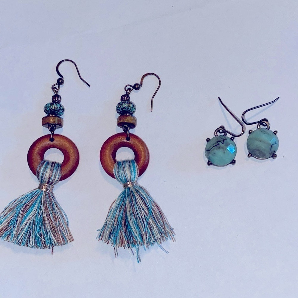 2 pairs! Boho wood and bead tassel earrings & blue green aquamarine earrings